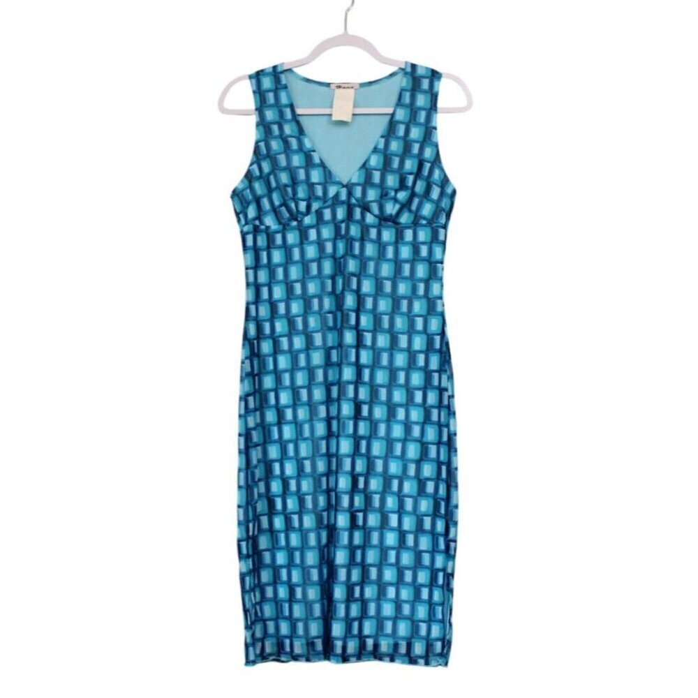 Vintage 90s Y2K Babydoll Dress Medium Blue Geometric Mesh Retro Cocktail Party